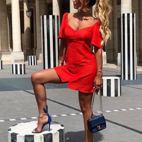 Only Medium Zara blogger fav red dress puff sleeve - Picture 2 of 8